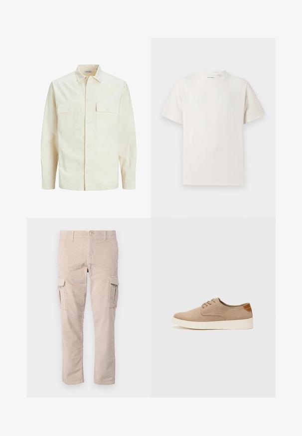 Jasno beżowa koszula z długim rękawem, z kołnierzykiem, dwoma kieszeniami z przodu, zapięciem na guziki i teksturowanym materiałem.; Biała krótka koszulka z krótkim rękawem o żebrowanej fakturze. Okrągły dekolt, luźny krój, brak widocznych wzorów lub akcentów. Prosty i uniwersalny design.; Beżowe spodnie cargo z kordurowego materiału, o prostym kroju, z bocznymi kieszeniami i teksturowanym wykończeniem. Zapięcie na guzik w talii.; Beżowe zamszowe sneakersy z okrągłym noskiem, sznurowanym przodem i teksturowanym akcentem na tyle. Biała gumowa podeszwa tworzy kontrast. Prosty i nowoczesny design.