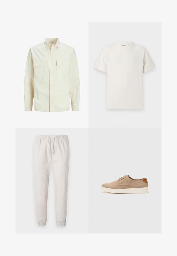 Chemise longue à manches longues beige clair avec un col, deux poches frontales, fermeture à boutons et un tissu texturé.; T-shirt blanc à manches courtes en texture côtelée. Encolure ronde, coupe décontractée, sans motifs ni accents visibles. Design simple et polyvalent.; Pantalons joggers beige clair en tissu doux, dotés d'une taille élastique avec cordon de serrage, de chevilles resserrées et de poches latérales.; Baskets en daim beige avec un embout arrondi, un laçage sur le devant et un accent texturé à l'arrière. La semelle en caoutchouc blanche offre un contraste. Design simple et moderne.