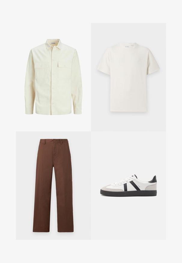 Cămașă lungă cu mâneci lungi de culoare bej deschis, cu guler, două buzunare frontale, închidere cu butoane și un material texturat.; Tricou alb cu maneci scurte, dintr-un material ribbed. Guler rotund, croi lejer, fără modele sau accente vizibile. Design simplu și versatil.; Pantaloni maro cu picioare largi, confecționați dintr-un material de bumbac neted. Au închidere cu nasture, bucle pentru curea și două buzunare frontale.; Sneaker alb cu accente negre și gri, având un capac de vârf gri texturat, talpă din cauciuc negru și șireturi plate albe. Design elegant, stil minimalist.