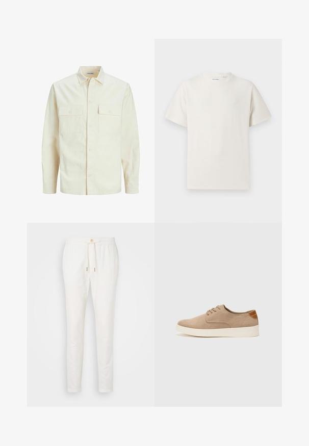 Gai bēšs garām piedurknēm krekls ar apkakles izgriezumu, divām priekšējām kabatām, pogu aizdari un teksturētu audumu.; Balta krūštura īsām piedurknēm ar ribota auduma faktūru. Apaļš kakla izgriezums, brīvs griezums, bez redzamām rakstām vai akcentiem. Vienkāršs un daudzpusīgs dizains.; Baltas lina bikses ar aukliņu jostu, pogu aizdari un sašaurinātu piegriezumu. Gluda tekstūra ar minimālu apdari un bez pamanāmām rakstām.; Beige zamšādas kedas ar noapaļotu purngala daļu, auklēm saplacinātu priekšpusi un teksturētu aizmugures akcentu. Balta gumijas zole nodrošina kontrastu. Vienkāršs un mūsdienīgs dizains.