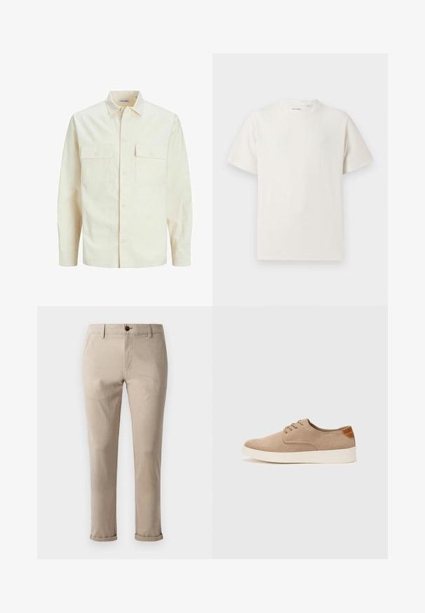 Világos bézs színű, hosszú ujjú ing, galléros nyakkal, két elülső zsebbel, gombos záródással és struktúrált anyaggal.; Fehér, rövid ujjú póló bordázott textúrával. Kerek nyakkivágás, laza szabás, nincs látható minta vagy díszítés. Egyszerű és sokoldalú dizájn.; Jack & Jones JPSTMARCO JJFURY ANA - Vászonnadrágok - atmosphere; Beige velúr sportcipő, kerek orral, fűzős elülső résszel és textúrált hátsó részlettel. Fehér gumitalp kontrasztot ad. Egyszerű és modern design.