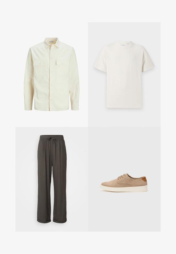 Lys beige langærmet skjorte med krave, to forlommer, knaplukning og et tekstureret stof.; Hvid kortærmet T-shirt i ribbet tekstur. Rund halsudskæring, løs pasform, ingen synlige mønstre eller accenter. Enkel og alsidig design.; Mørkegrå vide bukser med snøre i livet, lavet af et blødt, struktureret stof, med oprullede manchetter ved anklerne.; Beige ruskinds sneakers med rund tå, snørebånd foran og en struktureret rygdetalje. Hvid gummisål giver kontrast. Enkel og moderne design.