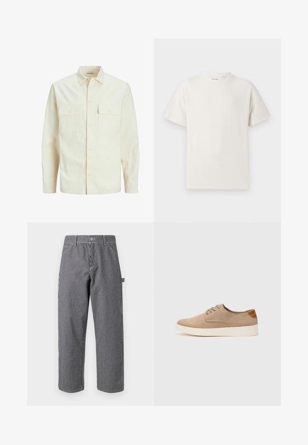 Kergedbež pika-särk pikkade varrukatega, krae ja kahe eespool asuva taskuga, nööpidega kinnitamine ja reljeefne materjal.; Valge lühikeste varrukatega T-särk ribakudumises. Ümar kaelus, mugav lõige, nähtavad mustrid ega aksessuaarid puuduvad. Lihtne ja mitmekesine disain.; Triibulised püksid, mis on valmistatud puuvilla segakangast, koosnevad vertikaalsetest mustadest ja valgetest triipudest, nupuga kinnitamisest ning küljetaskute kujundusest.; Beežid nahast tossud ümarate varvastega, paeltega esiosa ja tekstuuriga tagakontuuriga. Valge kummist tallapakkumine loob kontrasti. Lihtne ja kaasaegne disain.