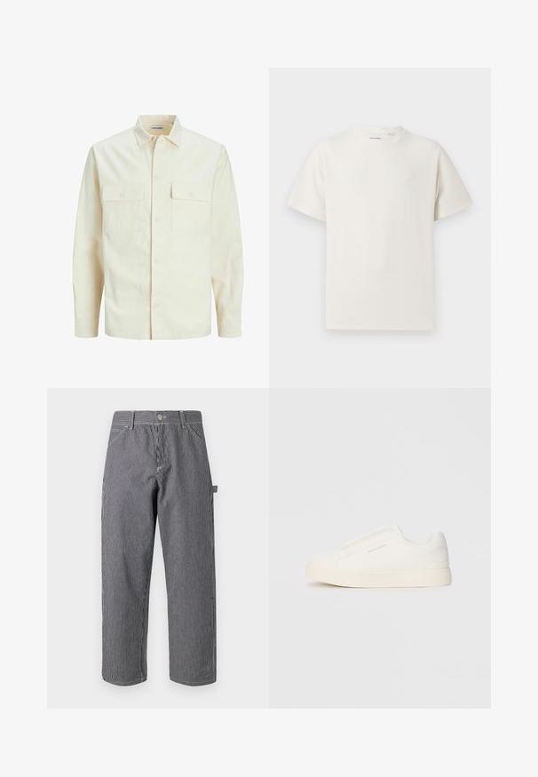 Világos bézs színű, hosszú ujjú ing, galléros nyakkal, két elülső zsebbel, gombos záródással és struktúrált anyaggal.; Fehér, rövid ujjú póló bordázott textúrával. Kerek nyakkivágás, laza szabás, nincs látható minta vagy díszítés. Egyszerű és sokoldalú dizájn.; Csíkos nadrág, pamut keverék anyagból, függőleges fekete és fehér csíkokkal, gombos záródással és oldalzsebes kialakítással.; Fehér slip-on sportcipők texturált felülettel, vastag talppal és minimalista dizájnnal. Az oldalon a márka logója található.