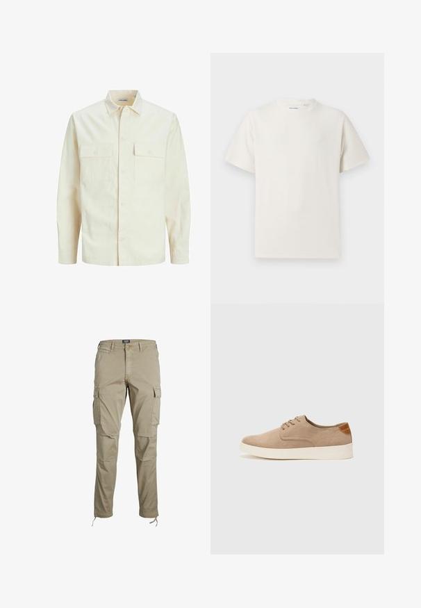 Camicia beige chiaro a maniche lunghe con colletto, due tasche frontali, chiusura a bottoni e un tessuto texturizzato.; T-shirt bianca a maniche corte in texture a coste. Girocollo, vestibilità rilassata, senza modelli o accenti visibili. Design semplice e versatile.; Jack & Jones JWHACE JJTUCKER ANA - Pantaloni cargo - dune; Sneaker in suede beige con punta arrotondata, stringhe davanti e un accento testurizzato sul retro. La suola in gomma bianca offre un contrasto. Design semplice e moderno.