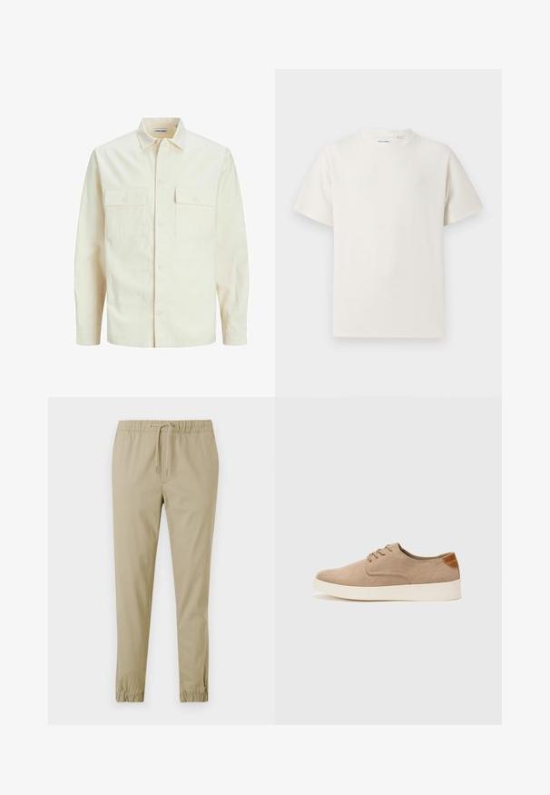 Kergedbež pika-särk pikkade varrukatega, krae ja kahe eespool asuva taskuga, nööpidega kinnitamine ja reljeefne materjal.; Valge lühikeste varrukatega T-särk ribakudumises. Ümar kaelus, mugav lõige, nähtavad mustrid ega aksessuaarid puuduvad. Lihtne ja mitmekesine disain.; Kerged beezid, kitsene püksid elastse vöökoha ja paelaga. Sile puuvillane materjal elastsete varrukatega pahkluude juures.; Beežid nahast tossud ümarate varvastega, paeltega esiosa ja tekstuuriga tagakontuuriga. Valge kummist tallapakkumine loob kontrasti. Lihtne ja kaasaegne disain.