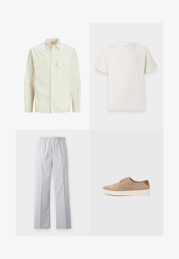 Lys beige langærmet skjorte med krave, to forlommer, knaplukning og et tekstureret stof.; Hvid kortærmet T-shirt i ribbet tekstur. Rund halsudskæring, løs pasform, ingen synlige mønstre eller accenter. Enkel og alsidig design.; Lys grå, vide bukser med elastisk talje, lavet af et glat, vævet stof. Har pænt pressede folder ned ad forsiden.; Beige ruskinds sneakers med rund tå, snørebånd foran og en struktureret rygdetalje. Hvid gummisål giver kontrast. Enkel og moderne design.