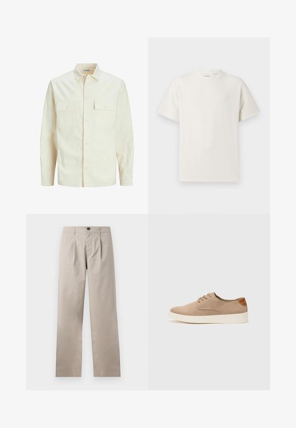 Lichtbeige langemouwen shirt met een kraaghalslijn, twee voorzakken, knoopsluiting en een gestructureerde stof.; Witte korte mouwen T-shirt met ribbelstructuur. Ronde hals, ontspannen pasvorm, geen zichtbare patronen of accenten. Eenvoudig en veelzijdig ontwerp.; Beige broek met een rechte pijp, voorzien van enkele plooien, vier zakken en een knoopsluiting aan de voorkant, gemaakt van lichtgewicht katoen.; Beige suède sneakers met een ronde neus, vetersluiting aan de voorkant en een getextureerde achteraccent. De witte rubberen zool zorgt voor contrast. Eenvoudig en modern ontwerp.