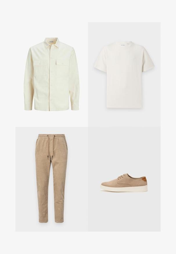 Lys beige langærmet skjorte med krave, to forlommer, knaplukning og et tekstureret stof.; Hvid kortærmet T-shirt i ribbet tekstur. Rund halsudskæring, løs pasform, ingen synlige mønstre eller accenter. Enkel og alsidig design.; Corduroy joggerbukser i lys beige med elastisk talje med snoretræk, tapered ben og ribbet tekstur.; Beige ruskinds sneakers med rund tå, snørebånd foran og en struktureret rygdetalje. Hvid gummisål giver kontrast. Enkel og moderne design.
