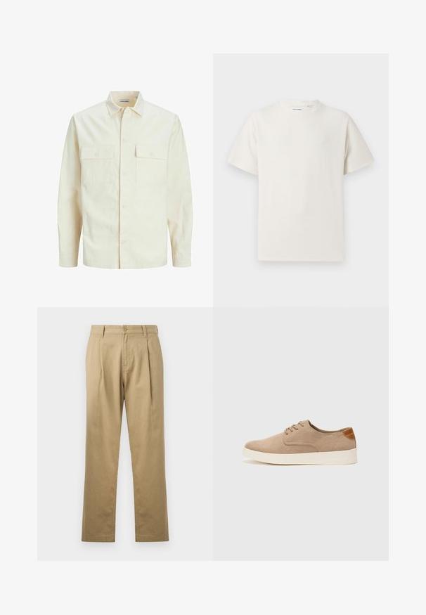 Lys beige langærmet skjorte med krave, to forlommer, knaplukning og et tekstureret stof.; Hvid kortærmet T-shirt i ribbet tekstur. Rund halsudskæring, løs pasform, ingen synlige mønstre eller accenter. Enkel og alsidig design.; Beige chinos med lige ben, plisseret front og knaplukning. Glat tekstur og standard taljedesign.; Beige ruskinds sneakers med rund tå, snørebånd foran og en struktureret rygdetalje. Hvid gummisål giver kontrast. Enkel og moderne design.