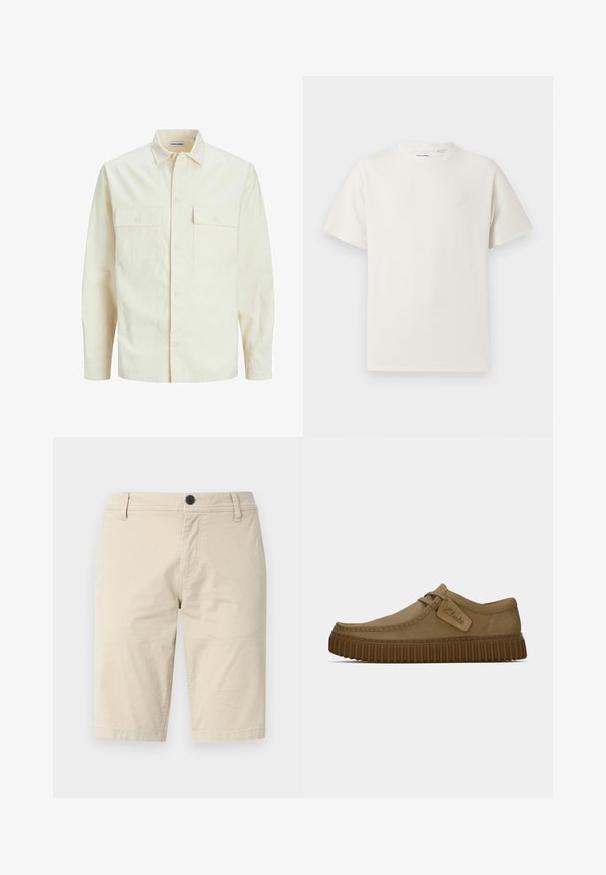 Cămașă lungă cu mâneci lungi de culoare bej deschis, cu guler, două buzunare frontale, închidere cu butoane și un material texturat.; Tricou alb cu maneci scurte, dintr-un material ribbed. Guler rotund, croi lejer, fără modele sau accente vizibile. Design simplu și versatil.; Şorturi bej dintr-un material ușor, cu un front plat, închidere cu un singur buton și două buzunare laterale; textură netedă.; Pantofi din suede maro deschis, cu vârful rotund, detalii cusute și talpă din cauciuc maro nervurată. Prezintă un eticheta laterală cu logo-ul "Clarks".