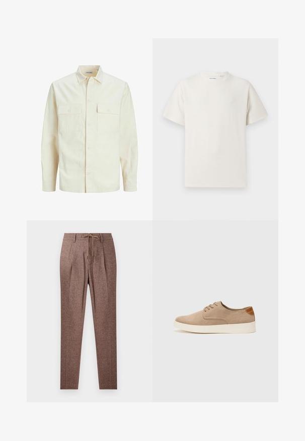 Chemise longue à manches longues beige clair avec un col, deux poches frontales, fermeture à boutons et un tissu texturé.; T-shirt blanc à manches courtes en texture côtelée. Encolure ronde, coupe décontractée, sans motifs ni accents visibles. Design simple et polyvalent.; Pantalons marron texturé avec un motif en chevrons, dotés d'une taille à cordon de serrage et de deux plis à l'avant. Design à jambe droite.; Baskets en daim beige avec un embout arrondi, un laçage sur le devant et un accent texturé à l'arrière. La semelle en caoutchouc blanche offre un contraste. Design simple et moderne.