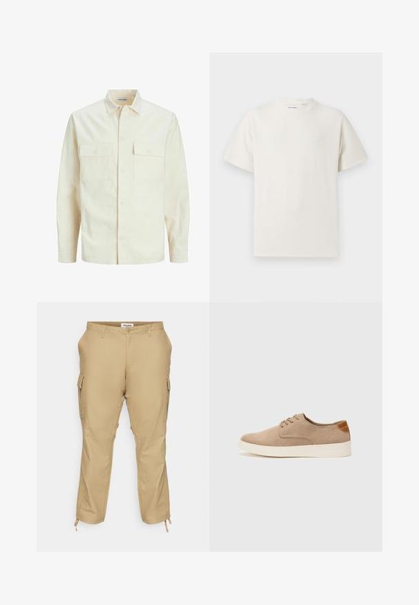 Hellbeige Langarmhemd mit klassischem Kragen, zwei Fronttaschen, Knopfverschluss und strukturiertem Stoff.; Weißes T-Shirt mit kurzen Ärmeln in gerippter Textur. Runder Ausschnitt, lockere Passform, keine sichtbaren Muster oder Akzente. Einfaches und vielseitiges Design.; Beige Cargo-Hosen mit lockerer Passform, seitlichen Taschen, verstellbaren Bündchen und einem weichen Baumwollmischgewebe.; Beige Wildleder-Sneaker mit runder Zehenpartie, Schnürung und strukturiertem Rückenteil. Die weiße Gummisohle sorgt für einen Kontrast. Einfaches und modernes Design.