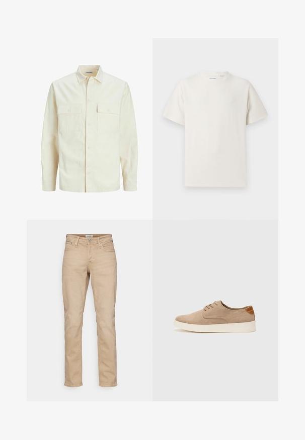 Šviesiai smėlio spalvos ilgomis rankovėmis marškiniai su apykakle, dviem priekinėmis kišenėmis, mygtukų uždarymu ir tekstūruota medžiaga.; Balta trumpa rankovė T-polo marškinėlių su juostelėmis tekstūra. Apvalus iškirpimas, laisvas fasonas, jokių matomų raštų ar akcentų. Paprastas ir universalus dizainas.; Bežinės džinsinės kelnės su tiesiais kirpimu. Yra priekinis mygtukų užsegimas, diržo kilpos, penkios kišenės ir subtili išblukusi tekstūra.; Bežiniai zomšiniai sportbačiai su apvaliomis pirštų dalimis, raišteliais priekyje ir tekstūruotu užkulniu. Balta guma suteikia kontrastą. Paprastas ir modernus dizainas.
