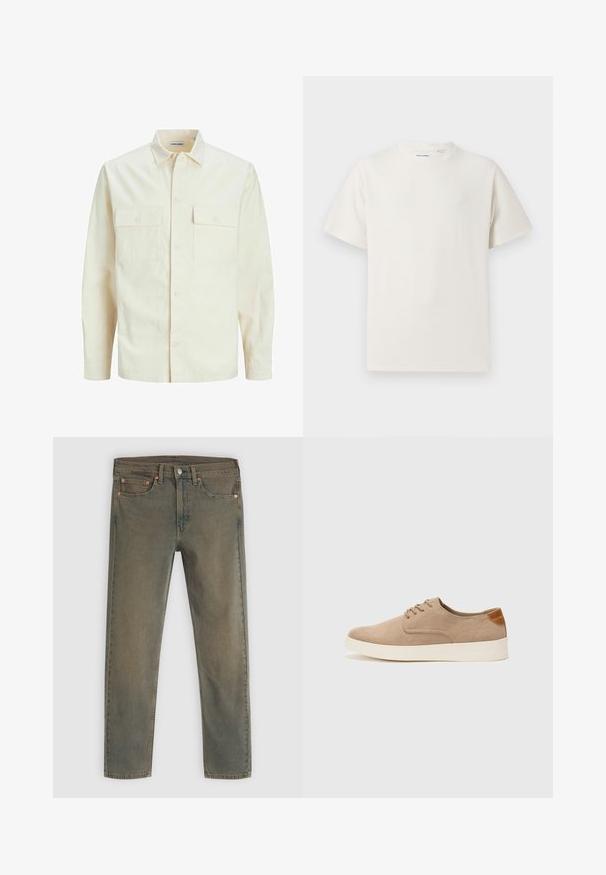 Camisa de manga larga color beige claro con cuello, dos bolsillos frontales, cierre de botones y una tela texturizada.; Camiseta blanca de manga corta en textura acanalada. Cuello redondo, corte relajado, sin patrones ni acentos visibles. Diseño simple y versátil.; Jeans de mezclilla verde oscuro con un diseño de pierna recta, cinco bolsillos y detalles de hardware en cobre. La textura desgastada añade una apariencia de usado.; Zapatillas de ante beige con puntera redondeada, cordones en la parte delantera y un acento texturizado en la parte trasera. La suela de goma blanca proporciona contraste. Diseño sencillo y moderno.