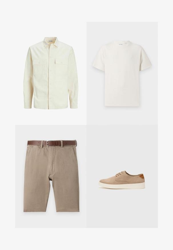 Light beige long-sleeve shirt with a collared neckline, two front pockets, button closure, and a textured fabric.; White short-sleeve T-shirt in a ribbed texture. Round neckline, relaxed fit, no visible patterns or accents. Simple and versatile design.; Tan cotton shorts with a straight cut, featuring a brown leather belt and side pockets, smooth texture with neatly finished hems.; Beige suede sneakers with a rounded toe, lace-up front, and a textured back accent. White rubber sole provides contrast. Simple and modern design.