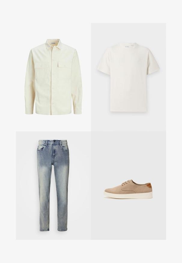 Camisa de manga larga color beige claro con cuello, dos bolsillos frontales, cierre de botones y una tela texturizada.; Camiseta blanca de manga corta en textura acanalada. Cuello redondo, corte relajado, sin patrones ni acentos visibles. Diseño simple y versátil.; Jeans de mezclilla de lavado claro con pierna recta, diseño de cinco bolsillos, cierre de botón y sutiles detalles desgastados cerca de las rodillas.; Zapatillas de ante beige con puntera redondeada, cordones en la parte delantera y un acento texturizado en la parte trasera. La suela de goma blanca proporciona contraste. Diseño sencillo y moderno.