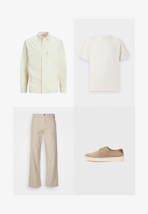 Hellbeige Langarmhemd mit klassischem Kragen, zwei Fronttaschen, Knopfverschluss und strukturiertem Stoff.; Weißes T-Shirt mit kurzen Ärmeln in gerippter Textur. Runder Ausschnitt, lockere Passform, keine sichtbaren Muster oder Akzente. Einfaches und vielseitiges Design.; Beige Baumwollweite Hosen mit fünf Taschen, einem Knopfverschluss und Gürtelschlaufen; glatte Textur mit geradem Schnitt und Saum.; Beige Wildleder-Sneaker mit runder Zehenpartie, Schnürung und strukturiertem Rückenteil. Die weiße Gummisohle sorgt für einen Kontrast. Einfaches und modernes Design.