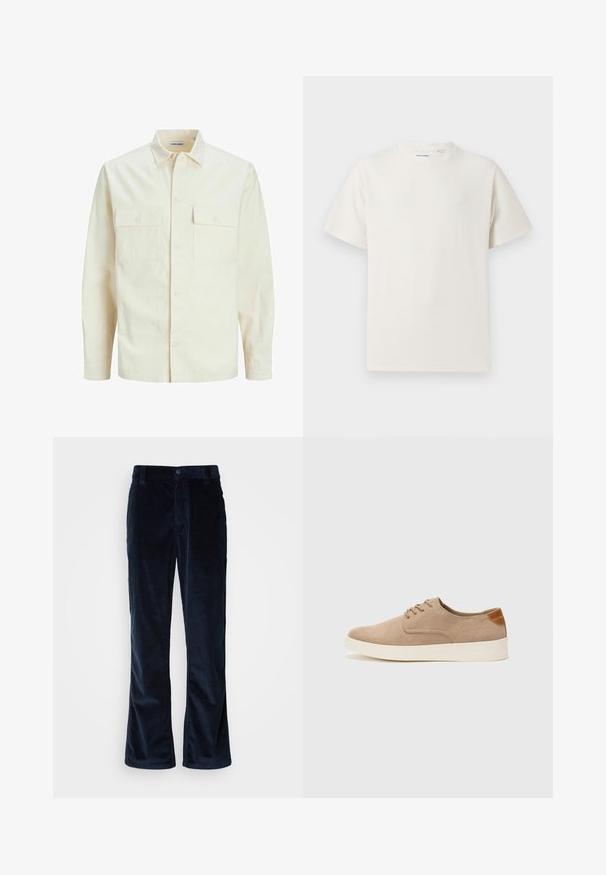 Jasno beżowa koszula z długim rękawem, z kołnierzykiem, dwoma kieszeniami z przodu, zapięciem na guziki i teksturowanym materiałem.; Biała krótka koszulka z krótkim rękawem o żebrowanej fakturze. Okrągły dekolt, luźny krój, brak widocznych wzorów lub akcentów. Prosty i uniwersalny design.; Granatowe spodnie z kordury o prostym kroju, z pionowymi prążkami, zapięciem na guzik i kieszeniami z przodu.; Beżowe zamszowe sneakersy z okrągłym noskiem, sznurowanym przodem i teksturowanym akcentem na tyle. Biała gumowa podeszwa tworzy kontrast. Prosty i nowoczesny design.