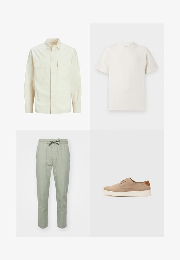 Hellbeige Langarmhemd mit klassischem Kragen, zwei Fronttaschen, Knopfverschluss und strukturiertem Stoff.; Weißes T-Shirt mit kurzen Ärmeln in gerippter Textur. Runder Ausschnitt, lockere Passform, keine sichtbaren Muster oder Akzente. Einfaches und vielseitiges Design.; Hellgrüne, eng zulaufende Hose mit elastischem Bund und verstellbarem Kordelzug; aus weichem, strukturiertem Stoff für hohen Tragekomfort.; Beige Wildleder-Sneaker mit runder Zehenpartie, Schnürung und strukturiertem Rückenteil. Die weiße Gummisohle sorgt für einen Kontrast. Einfaches und modernes Design.