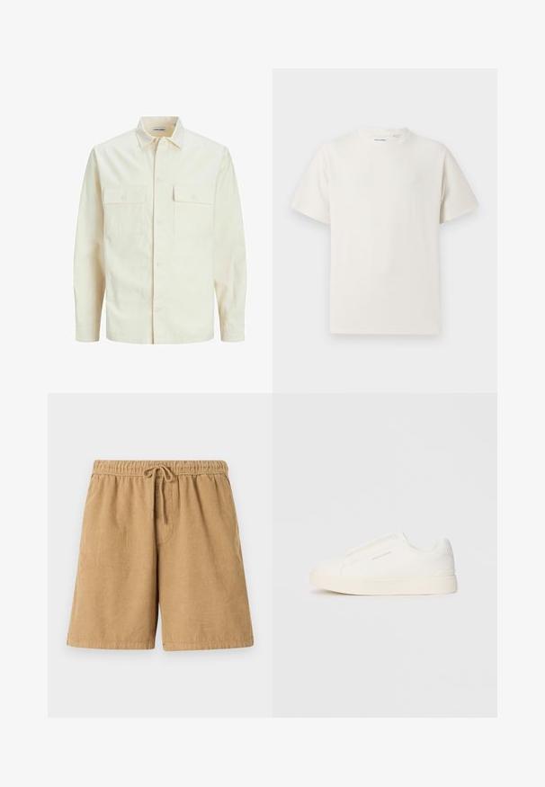 Hellbeige Langarmhemd mit klassischem Kragen, zwei Fronttaschen, Knopfverschluss und strukturiertem Stoff.; Weißes T-Shirt mit kurzen Ärmeln in gerippter Textur. Runder Ausschnitt, lockere Passform, keine sichtbaren Muster oder Akzente. Einfaches und vielseitiges Design.; Braune Cordshorts mit einem elastischen Bund und Kordelzug. Mit senkrechten Rippungen und seitlichen Taschen. Kurze Länge und lässiges Design.; Weiße Slip-On-Sneaker mit einer strukturierten Oberfläche, dicker Sohle und minimalistischem Design. Mit Logo der Marke an der Seite.
