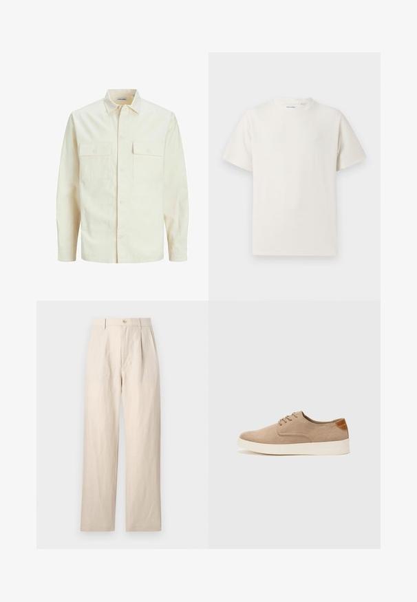 Svetlo bež srajca z dolgimi rokavi, ovratnim izrezom, dvema sprednjima žepoma, zapenjanjem na gumbe in teksturirano tkanino.; Bela majica s kratkimi rokavi iz rebraste tkanine. Okrogli izrez, sproščen kroj, brez vidnih vzorcev ali naglasov. Preprosta in vsestranska zasnova.; Bež lanene hlače s širokim krojem, z ravnim sprednjim delom, enojnim gumbom za zapiranje in dvema žepoma. Rgava tekstura dodaja podrobnosti.; Bež tkanine usnjene superge z zaobljenim nosom, vezalkami na sprednji strani in teksturiranim zadnjim detajlom. Belo gumijasto podplato zagotavlja kontrast. Enostaven in sodoben dizajn.
