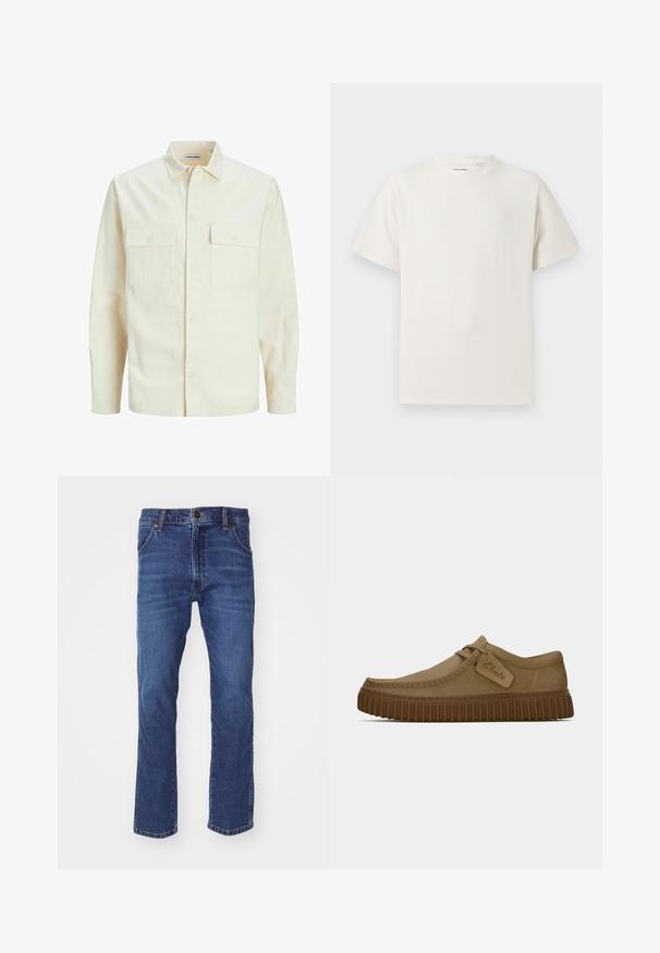 Kergedbež pika-särk pikkade varrukatega, krae ja kahe eespool asuva taskuga, nööpidega kinnitamine ja reljeefne materjal.; Valge lühikeste varrukatega T-särk ribakudumises. Ümar kaelus, mugav lõige, nähtavad mustrid ega aksessuaarid puuduvad. Lihtne ja mitmekesine disain.; Tumedat sinised teksad, regulaarse ülevaate, sirge sääre, viie tasku kujunduse ja tavalise vöökohaga, mis on varustatud ees oleva nupuga sulgemisega.; Kerged pruunist nahksoost kingad, millel on ümar varvas, õmblustega detailid ja soonikkoes pruun kummitald. Omab külje peal sildi, millel on "Clarks" logo.