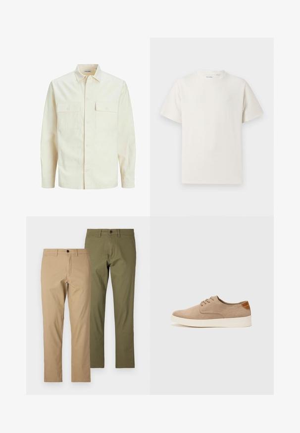 Lys beige langærmet skjorte med krave, to forlommer, knaplukning og et tekstureret stof.; Hvid kortærmet T-shirt i ribbet tekstur. Rund halsudskæring, løs pasform, ingen synlige mønstre eller accenter. Enkel og alsidig design.; Tan og olivengrønne bomuldsbukser, lige snit, med bæltestropper, lynlåslynlås og knaplukning, der har en glat tekstur.; Beige ruskinds sneakers med rund tå, snørebånd foran og en struktureret rygdetalje. Hvid gummisål giver kontrast. Enkel og moderne design.