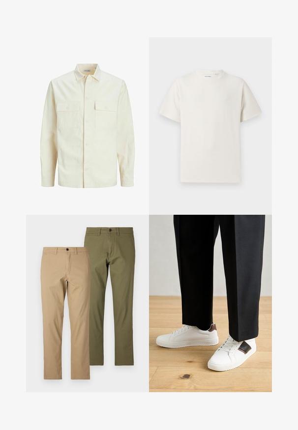 Lichtbeige langemouwen shirt met een kraaghalslijn, twee voorzakken, knoopsluiting en een gestructureerde stof.; Witte korte mouwen T-shirt met ribbelstructuur. Ronde hals, ontspannen pasvorm, geen zichtbare patronen of accenten. Eenvoudig en veelzijdig ontwerp.; Tan en olijfgroene katoenen broeken, recht gesneden ontwerp, met riemlussen, rits en knoopsluiting, met een gladde textuur.; Witte sneakers met een gladde textuur, voorzien van bruine lederen accenten en zwarte details, gecombineerd met zwarte maatpakken. Achtergrond van houten vloeren.