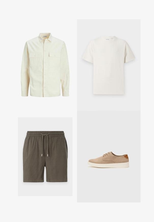 Lichtbeige langemouwen shirt met een kraaghalslijn, twee voorzakken, knoopsluiting en een gestructureerde stof.; Witte korte mouwen T-shirt met ribbelstructuur. Ronde hals, ontspannen pasvorm, geen zichtbare patronen of accenten. Eenvoudig en veelzijdig ontwerp.; Donkergroene shorts met een elastische tailleband, een trekkoordsluiting en een soepele, lichte textuur. Geen zichtbare zakken of patronen.; Beige suède sneakers met een ronde neus, vetersluiting aan de voorkant en een getextureerde achteraccent. De witte rubberen zool zorgt voor contrast. Eenvoudig en modern ontwerp.