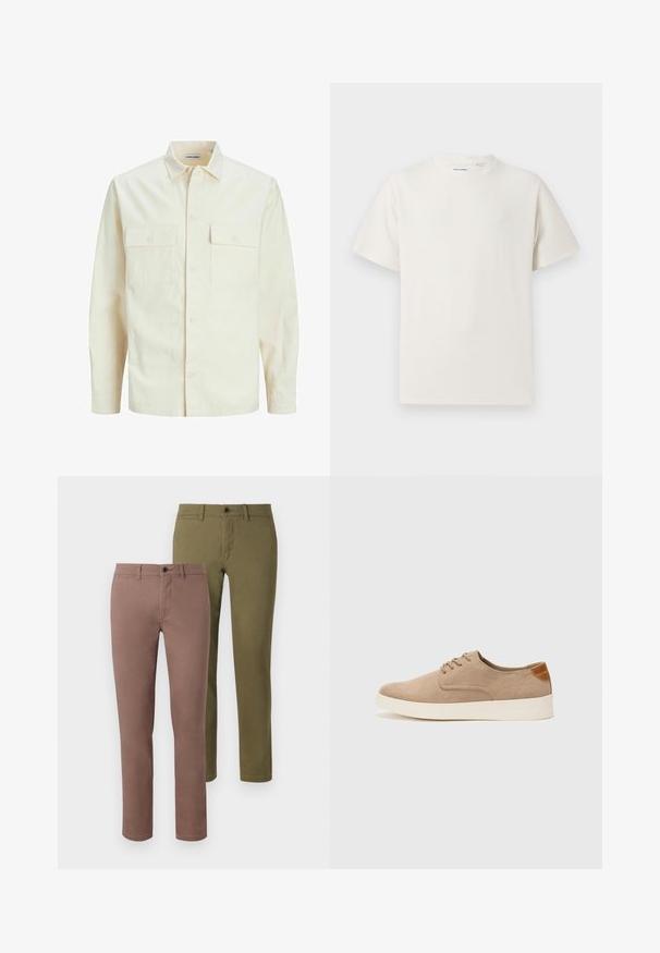 Camisa de manga larga color beige claro con cuello, dos bolsillos frontales, cierre de botones y una tela texturizada.; Camiseta blanca de manga corta en textura acanalada. Cuello redondo, corte relajado, sin patrones ni acentos visibles. Diseño simple y versátil.; Dos pares de pantalones ajustados: uno en un marrón apagado y otro en verde oliva. Ambos presentan líneas limpias y cinturillas estándar con botones.; Zapatillas de ante beige con puntera redondeada, cordones en la parte delantera y un acento texturizado en la parte trasera. La suela de goma blanca proporciona contraste. Diseño sencillo y moderno.