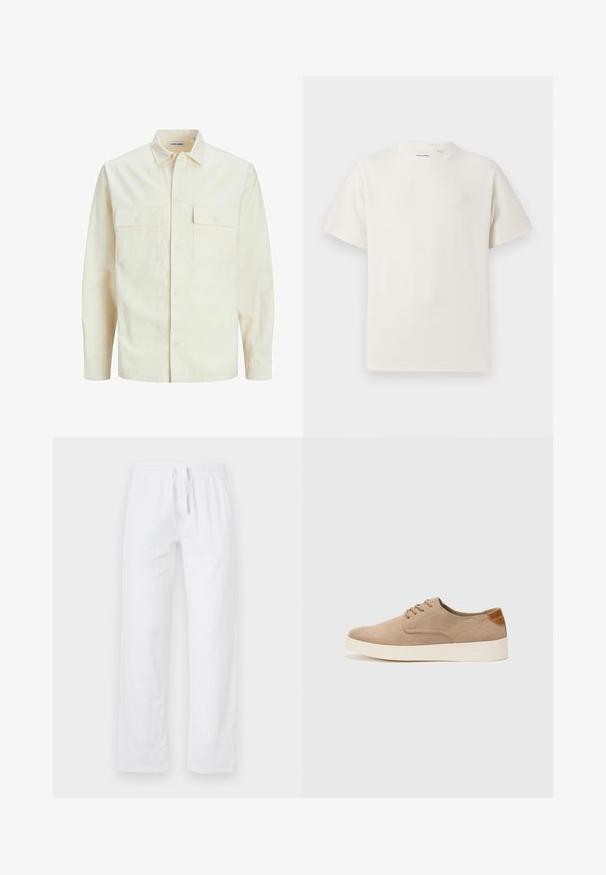 Hellbeige Langarmhemd mit klassischem Kragen, zwei Fronttaschen, Knopfverschluss und strukturiertem Stoff.; Weißes T-Shirt mit kurzen Ärmeln in gerippter Textur. Runder Ausschnitt, lockere Passform, keine sichtbaren Muster oder Akzente. Einfaches und vielseitiges Design.; Weiße, leichte Baumwollhosen mit elastischem Bund und Kordelzug; sie haben weite Beine und eine glatte, untexturierte Oberfläche.; Beige Wildleder-Sneaker mit runder Zehenpartie, Schnürung und strukturiertem Rückenteil. Die weiße Gummisohle sorgt für einen Kontrast. Einfaches und modernes Design.