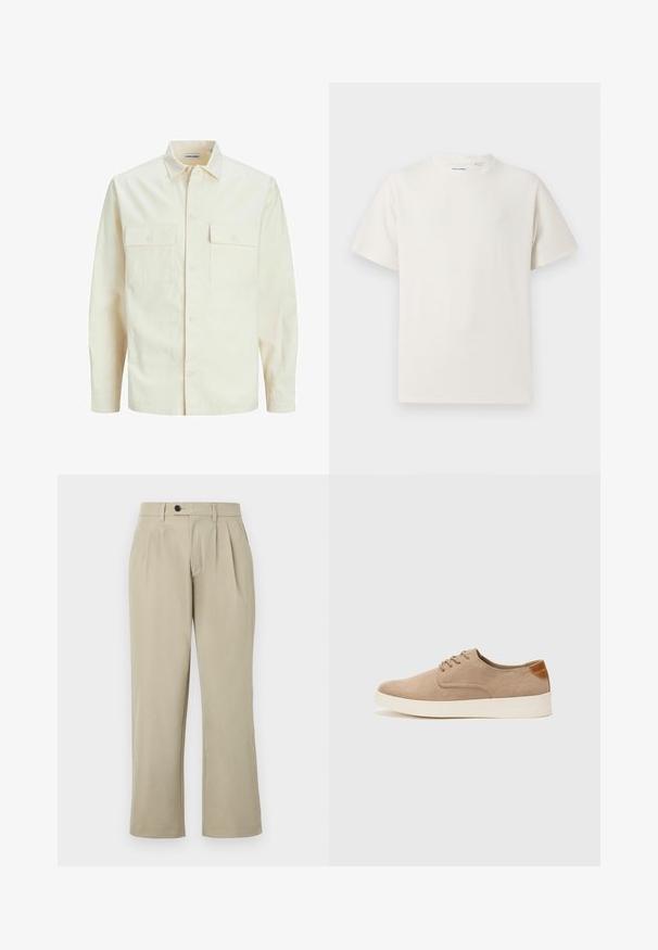 Light beige long-sleeve shirt with a collared neckline, two front pockets, button closure, and a textured fabric.; White short-sleeve T-shirt in a ribbed texture. Round neckline, relaxed fit, no visible patterns or accents. Simple and versatile design.; Beige trousers with a relaxed fit, featuring pleats, a button closure, side pockets, and straight legs. Smooth fabric texture.; Beige suede sneakers with a rounded toe, lace-up front, and a textured back accent. White rubber sole provides contrast. Simple and modern design.