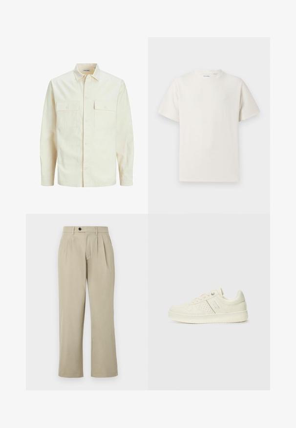 Világos bézs színű, hosszú ujjú ing, galléros nyakkal, két elülső zsebbel, gombos záródással és struktúrált anyaggal.; Fehér, rövid ujjú póló bordázott textúrával. Kerek nyakkivágás, laza szabás, nincs látható minta vagy díszítés. Egyszerű és sokoldalú dizájn.; Változatos illeszkedésű bézs nadrág, amely redőkkel, gombos záródással, oldalsó zsebekkel és egyenes lábszárral rendelkezik. Simább anyag textúra.; Krém színű sneaker perforált részletekkel, fűzőkkel és logóval az oldalán, egy sima fehér háttér előtt kiállítva.