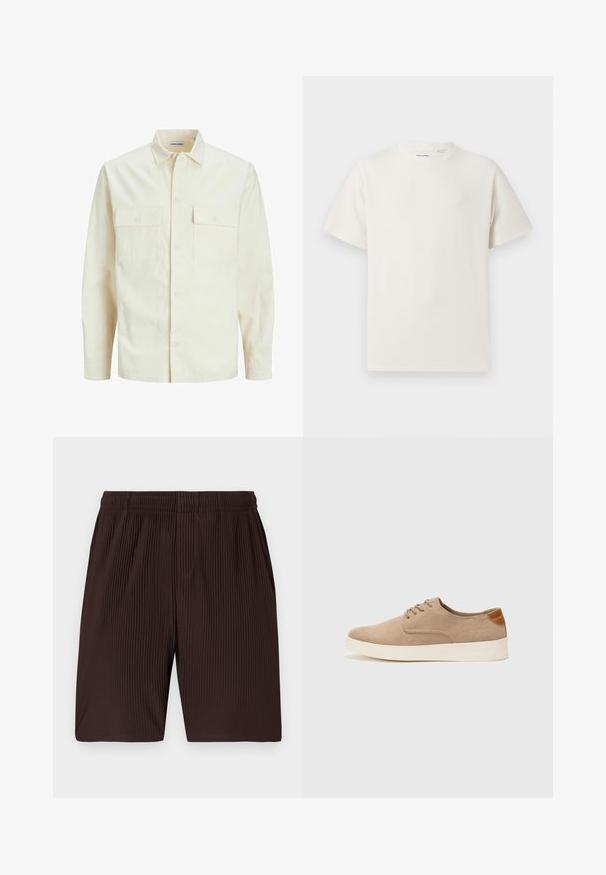 Svetlo béžová košeľa s dlhým rukávom, s golierom, dvoma prednými vreckami, zapínaním na gombíky a textúrovanou látkou.; Biela krátka tričko s krátkym rukávom so žebrovanou textúrou. Okrúhly výstrih, uvoľnený strih, žiadne viditeľné vzory ani akcenty. Jednoduchý a všestranný dizajn.; Hnedé skladané šortky s elastickým pásom a vreckami, vyrobené z ľahkého materiálu. Spodný lem siaha tesne nad kolená.; Béžové semišové tenisky s okrúhlou špičkou, šnurovaním vpredu a textúrovaným zadným akcentom. Biela gumová podrážka poskytuje kontrast. Jednoduchý a moderný dizajn.
