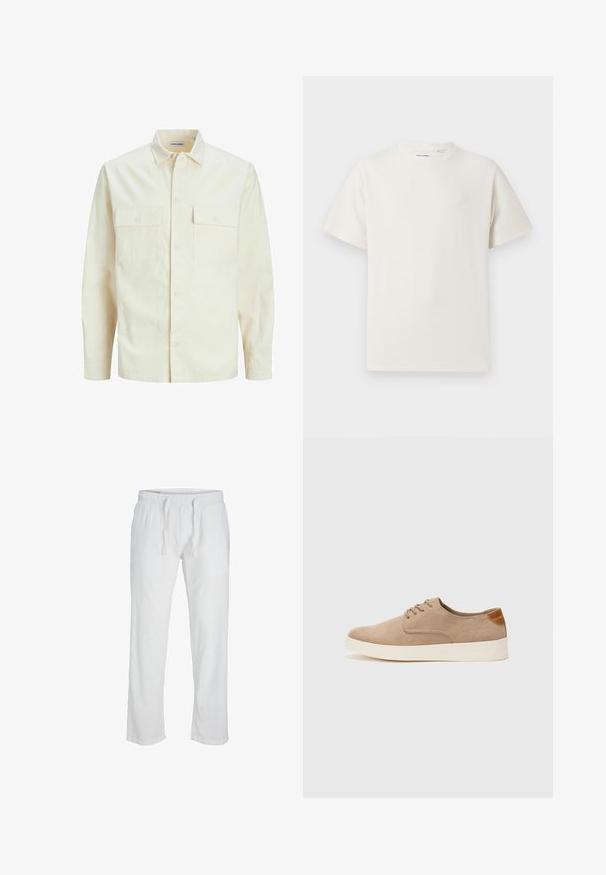 Šviesiai smėlio spalvos ilgomis rankovėmis marškiniai su apykakle, dviem priekinėmis kišenėmis, mygtukų uždarymu ir tekstūruota medžiaga.; Balta trumpa rankovė T-polo marškinėlių su juostelėmis tekstūra. Apvalus iškirpimas, laisvas fasonas, jokių matomų raštų ar akcentų. Paprastas ir universalus dizainas.; Jack & Jones JPSTKANE SUMMER JOGGER - Kelnės - bright white; Bežiniai zomšiniai sportbačiai su apvaliomis pirštų dalimis, raišteliais priekyje ir tekstūruotu užkulniu. Balta guma suteikia kontrastą. Paprastas ir modernus dizainas.