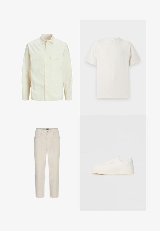 Gai bēšs garām piedurknēm krekls ar apkakles izgriezumu, divām priekšējām kabatām, pogu aizdari un teksturētu audumu.; Balta krūštura īsām piedurknēm ar ribota auduma faktūru. Apaļš kakla izgriezums, brīvs griezums, bez redzamām rakstām vai akcentiem. Vienkāršs un daudzpusīgs dizains.; Beige taisniem kājiem džinsi ar priekšējo pogu, jostu cilpām un piecu kabatu dizainu, attēloti uz balta fona.; Baltas slip-on sporta apavi ar teksturētu virsmu, biezu zoli un minimālistisku dizainu. Sānos redzams zīmola logotips.