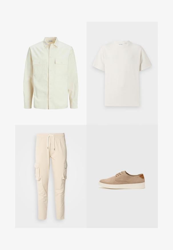 Svetlo béžová košeľa s dlhým rukávom, s golierom, dvoma prednými vreckami, zapínaním na gombíky a textúrovanou látkou.; Biela krátka tričko s krátkym rukávom so žebrovanou textúrou. Okrúhly výstrih, uvoľnený strih, žiadne viditeľné vzory ani akcenty. Jednoduchý a všestranný dizajn.; Béžové cargo nohavice s elastickým pásom a šnúrkou. Obsahujú dve bočné cargo vrecká a zúžený strih nohavíc. Hladká textúra.; Béžové semišové tenisky s okrúhlou špičkou, šnurovaním vpredu a textúrovaným zadným akcentom. Biela gumová podrážka poskytuje kontrast. Jednoduchý a moderný dizajn.
