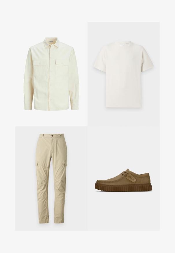 Svijetlo bež košulja dugih rukava s ovratnikom, dva prednja džepa, zatvaranje na dugmad i teksturirani materijal.; Bijela kratka majica s kratkim rukavima u rebrastoj teksturi. Okrugli izrez, ležeran kroj, bez vidljivih uzoraka ili akcenta. Jednostavan i svestran dizajn.; Bež plačeni hlače izrađene od lagane tkanine, s višestrukim džepovima, zatvaranjem na dugme i dizajnom uskih nogavica. Glatka tekstura.; Svijetlosmeđi nubuk cipele s okruglim vrhom, šavovima detaljima i rebrastom smeškom gumom. Ima bočnu oznaku s "Clarks" logotipom.
