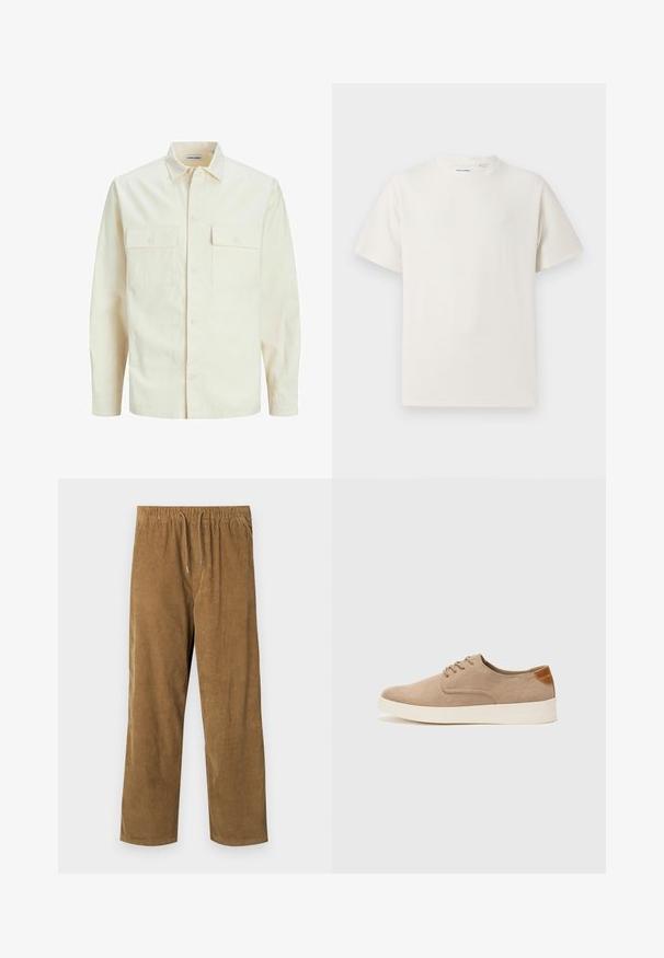 Lichtbeige langemouwen shirt met een kraaghalslijn, twee voorzakken, knoopsluiting en een gestructureerde stof.; Witte korte mouwen T-shirt met ribbelstructuur. Ronde hals, ontspannen pasvorm, geen zichtbare patronen of accenten. Eenvoudig en veelzijdig ontwerp.; Corduroy broek in een warme bruine kleur met een elastische tailleband met trekkoorden, een ontspannen pasvorm en een verticale ribbelstructuur.; Beige suède sneakers met een ronde neus, vetersluiting aan de voorkant en een getextureerde achteraccent. De witte rubberen zool zorgt voor contrast. Eenvoudig en modern ontwerp.