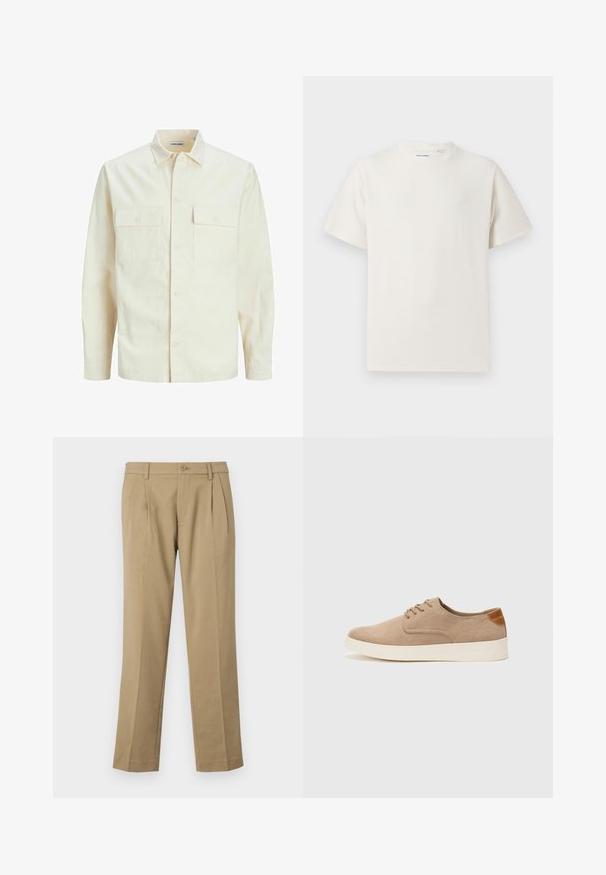 Light beige long-sleeve shirt with a collared neckline, two front pockets, button closure, and a textured fabric.; White short-sleeve T-shirt in a ribbed texture. Round neckline, relaxed fit, no visible patterns or accents. Simple and versatile design.; Tan trousers made of smooth fabric, featuring two front pleats, a button closure, and straight legs with a clean hem.; Beige suede sneakers with a rounded toe, lace-up front, and a textured back accent. White rubber sole provides contrast. Simple and modern design.