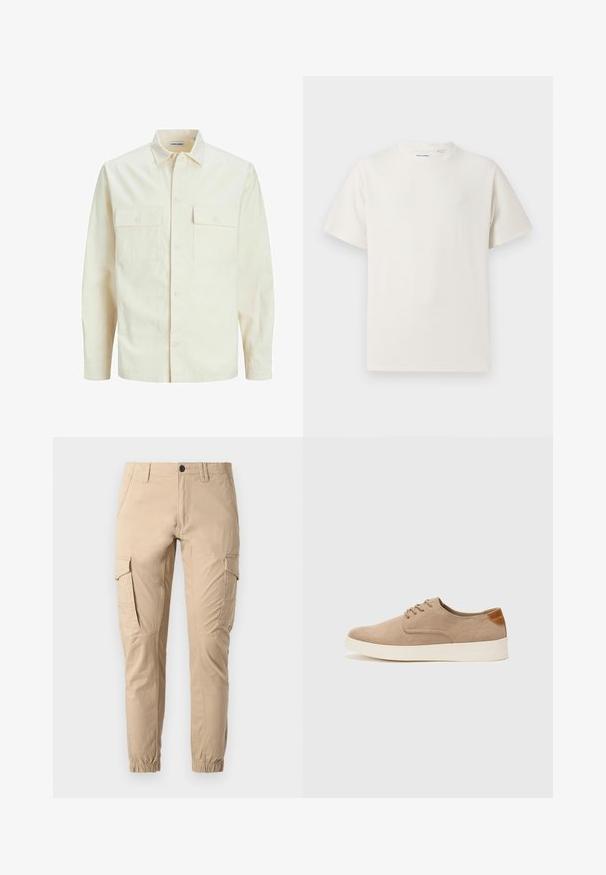 Vaaleanbeige pitkähihaisen paidan, jossa on kaulukset, kaksi etutaskua, nappikiinnitys ja tekstiilissä on tekstuuria.; Valkoinen lyhythihainen T-paita ribbikuviossa. Pyöreä kaula-aukko, rento istuvuus, ei näkyviä kuvioita tai yksityiskohtia. Yksinkertainen ja monikäyttöinen muotoilu.; Beiget puuvillaiset cargo-housut, joissa on useita sivutaskuja, joustavat resorit lahkeensuissa ja lievästi kapeahko leikkaus. Sileä pinta, jossa on ompelu- ja tikkausyksityiskohtia.; Beige nubuck-lenkkarit, joissa on pyöreä kärki, nauhakiinnitys ja teksturoitu takaosa. Valkoinen kumipohja tuo kontrastia. Yksinkertainen ja moderni muotoilu.
