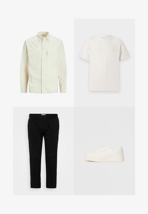 Hellbeige Langarmhemd mit klassischem Kragen, zwei Fronttaschen, Knopfverschluss und strukturiertem Stoff.; Weißes T-Shirt mit kurzen Ärmeln in gerippter Textur. Runder Ausschnitt, lockere Passform, keine sichtbaren Muster oder Akzente. Einfaches und vielseitiges Design.; Schwarze Hosen im Slim-Fit-Design mit flachem Vorderteil, Gürtelschlaufen und einem Reißverschluss mit Knopfverschluss. Hergestellt aus glattem, robustem Stoff.; Weiße Slip-On-Sneaker mit einer strukturierten Oberfläche, dicker Sohle und minimalistischem Design. Mit Logo der Marke an der Seite.