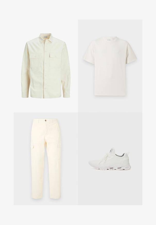 Jasno beżowa koszula z długim rękawem, z kołnierzykiem, dwoma kieszeniami z przodu, zapięciem na guziki i teksturowanym materiałem.; Biała krótka koszulka z krótkim rękawem o żebrowanej fakturze. Okrągły dekolt, luźny krój, brak widocznych wzorów lub akcentów. Prosty i uniwersalny design.; Jasnożółte spodnie cargo wykonane z bawełny, z bocznymi kieszeniami i prostym krojem nogawek, z zapięciem na guzik w pasie.; Białe buty sportowe z teksturowaną cholewką z dzianiny, płaskimi sznurowadłami oraz wyściełaną podeszwą z widocznymi komorami powietrznymi dla dodatkowego wsparcia.