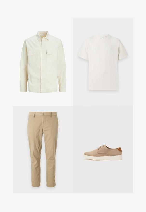 Light beige long-sleeve shirt with a collared neckline, two front pockets, button closure, and a textured fabric.; White short-sleeve T-shirt in a ribbed texture. Round neckline, relaxed fit, no visible patterns or accents. Simple and versatile design.; Beige cotton twill trousers with a slim fit, featuring a button closure, belt loops, and straight legs. Smooth texture, no notable patterns.; Beige suede sneakers with a rounded toe, lace-up front, and a textured back accent. White rubber sole provides contrast. Simple and modern design.