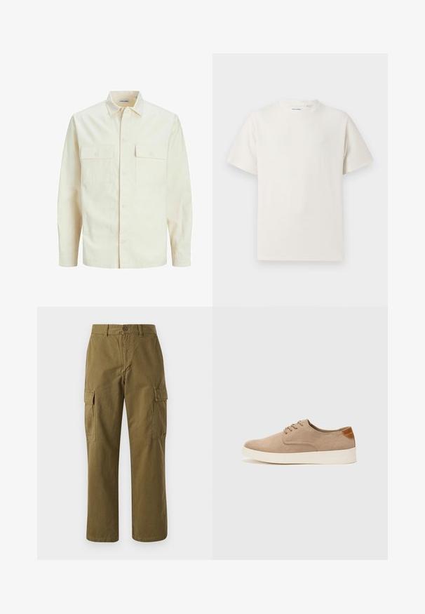 Světle béžová košile s dlouhým rukávem, límečkem, dvěma předními kapsami, zapínáním na knoflíky a strukturovanou tkaninou.; Bílý krátký rukáv tričko s pružnou strukturou. Kulatý výstřih, volný střih, bez viditelných vzorů nebo detailů. Jednoduchý a univerzální design.; Olivové cargo kalhoty vyrobené z bavlny, s rovnými nohavicemi, předním zapínáním na knoflík a dvěma bočními kapsami se zapínáním na klopu.; Béžové semišové tenisky s kulatou špičkou, šněrováním vpředu a texturovaným zadním akcentem. Bílá gumová podrážka poskytuje kontrast. Jednoduchý a moderní design.