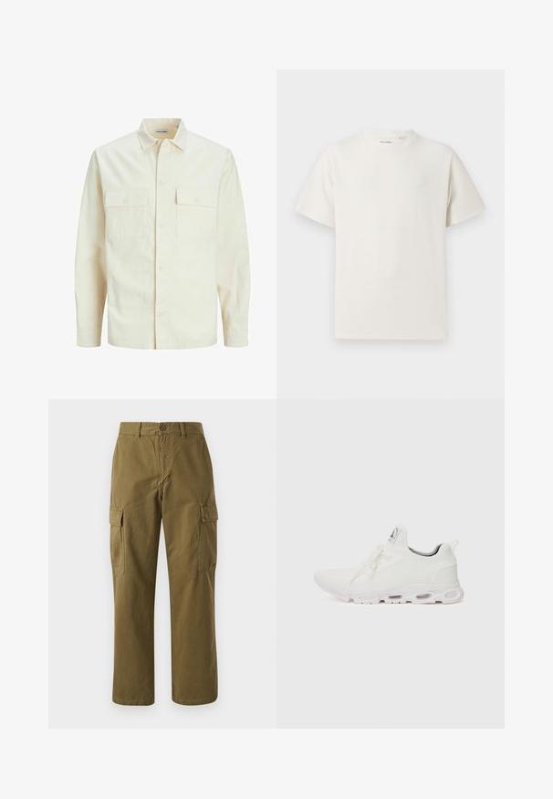 Lichtbeige langemouwen shirt met een kraaghalslijn, twee voorzakken, knoopsluiting en een gestructureerde stof.; Witte korte mouwen T-shirt met ribbelstructuur. Ronde hals, ontspannen pasvorm, geen zichtbare patronen of accenten. Eenvoudig en veelzijdig ontwerp.; Olijfgroene cargobroek van katoen, met een recht model, sluiting met een knoop aan de voorkant, en twee zijvakken met klepjes.; Witte sportieve schoenen met een gestructureerde gebreide bovenkant, platte veters en een gevoerde zool met zichtbare luchtkamers voor extra ondersteuning.