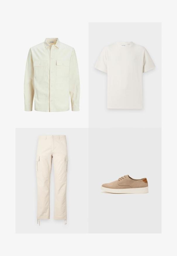 Hellbeige Langarmhemd mit klassischem Kragen, zwei Fronttaschen, Knopfverschluss und strukturiertem Stoff.; Weißes T-Shirt mit kurzen Ärmeln in gerippter Textur. Runder Ausschnitt, lockere Passform, keine sichtbaren Muster oder Akzente. Einfaches und vielseitiges Design.; Beige Cargo-Hosen aus Baumwollmischgewebe. Zu den Merkmalen gehören zwei Seitentaschen, ein gerades Bein Design und verstellbare Kordeln an den Säumen.; Beige Wildleder-Sneaker mit runder Zehenpartie, Schnürung und strukturiertem Rückenteil. Die weiße Gummisohle sorgt für einen Kontrast. Einfaches und modernes Design.