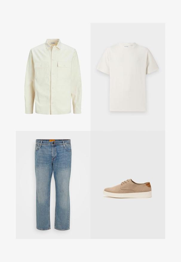 Gai bēšs garām piedurknēm krekls ar apkakles izgriezumu, divām priekšējām kabatām, pogu aizdari un teksturētu audumu.; Balta krūštura īsām piedurknēm ar ribota auduma faktūru. Apaļš kakla izgriezums, brīvs griezums, bez redzamām rakstām vai akcentiem. Vienkāršs un daudzpusīgs dizains.; Gai zilo džinsu bikses ar taisnu kāju griezumu, kurām ir piecas kabatas, pogu aizdare un oranža zīmola birka jostā.; Beige zamšādas kedas ar noapaļotu purngala daļu, auklēm saplacinātu priekšpusi un teksturētu aizmugures akcentu. Balta gumijas zole nodrošina kontrastu. Vienkāršs un mūsdienīgs dizains.