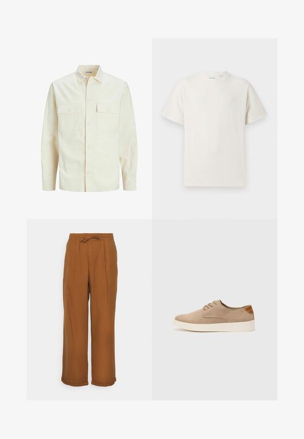 Hellbeige Langarmhemd mit klassischem Kragen, zwei Fronttaschen, Knopfverschluss und strukturiertem Stoff.; Weißes T-Shirt mit kurzen Ärmeln in gerippter Textur. Runder Ausschnitt, lockere Passform, keine sichtbaren Muster oder Akzente. Einfaches und vielseitiges Design.; Braune Leinenhosen mit lockerer Passform, elastischem Bund, Kordelzug und zwei vorderen Falten für zusätzliche Textur. Aufgeschlagene Säume am Abschluss.; Beige Wildleder-Sneaker mit runder Zehenpartie, Schnürung und strukturiertem Rückenteil. Die weiße Gummisohle sorgt für einen Kontrast. Einfaches und modernes Design.